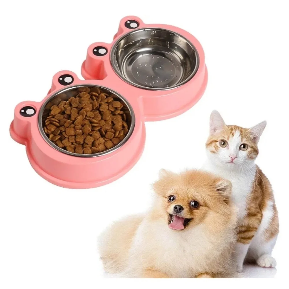 PINK or BLUE Double Pet Bowl with Cute Design For DOGS OR CATS